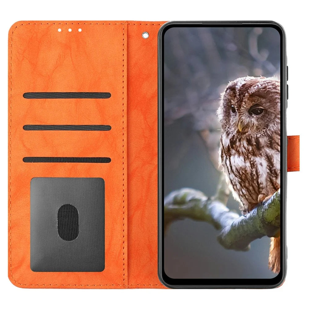 For Samsung Galaxy A55 5G Case Owl Imprinted PU Leather Wallet Phone Cover with Wrist Strap - Orange - 2