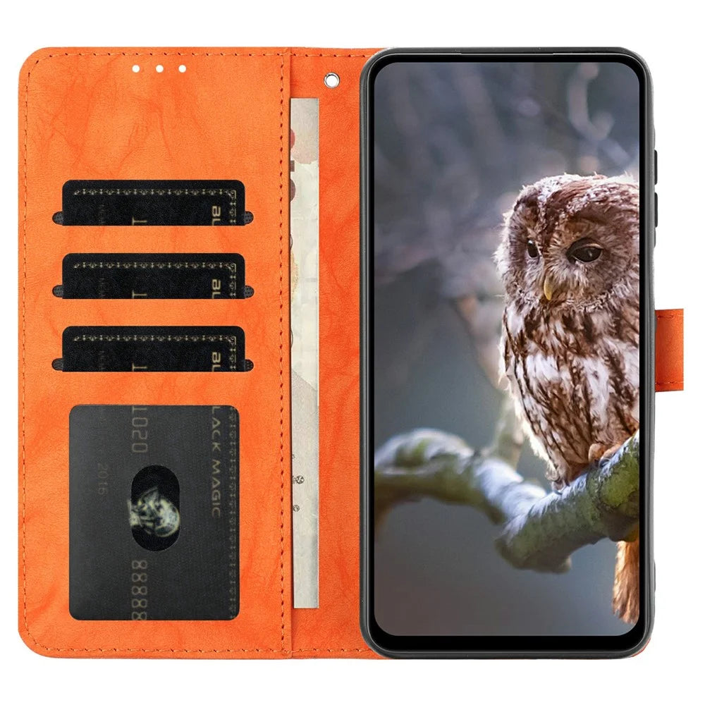 For Samsung Galaxy A35 5G Case Owl Imprinted PU Leather Wallet Phone Cover with Wrist Strap - Orange - 3