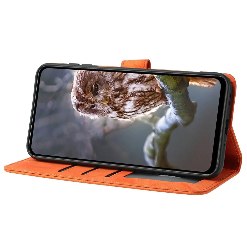 For Samsung Galaxy A35 5G Case Owl Imprinted PU Leather Wallet Phone Cover with Wrist Strap - Orange - 4