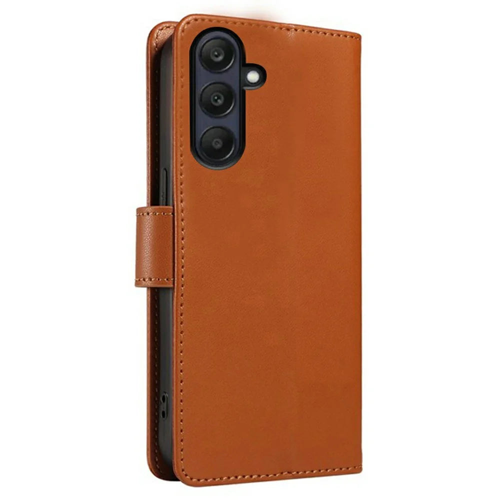 For Samsung Galaxy A26 5G Case RFID Blocking Leather Wallet Flip Phone Cover with Wrist Strap - Light Brown - 7