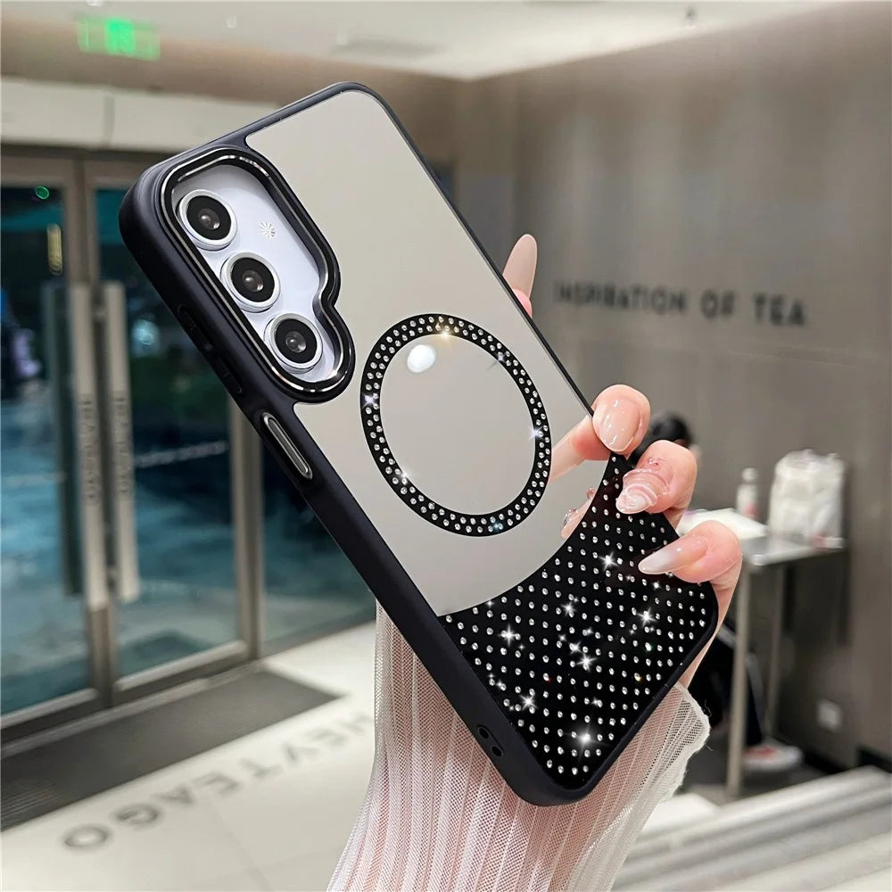 For Samsung Galaxy A35 5G Magnetic Case Mirror Surface TPU + PC Shockproof Phone Cover - Black - 1