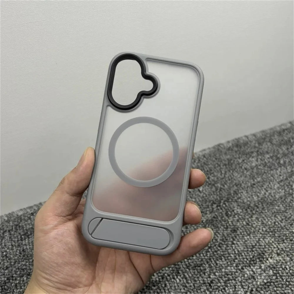 For iPhone 16 Magnetic Case with Kickstand Drop Proof PC + TPU Phone Back Cover - Grey - 2