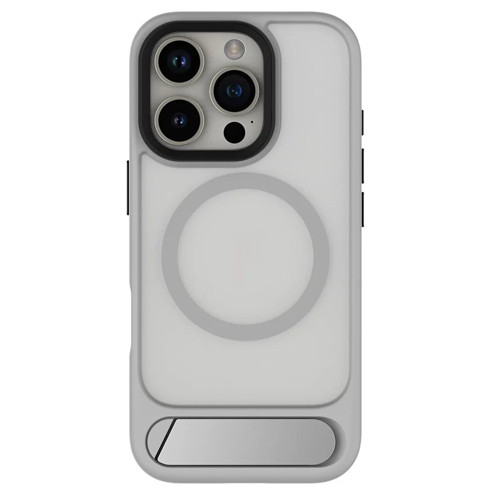 For iPhone 16 Pro Magnetic Case with Kickstand Drop Proof PC + TPU Phone Back Cover - Grey - 1