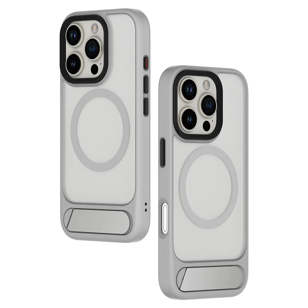 For iPhone 16 Pro Magnetic Case with Kickstand Drop Proof PC + TPU Phone Back Cover - Grey - 2