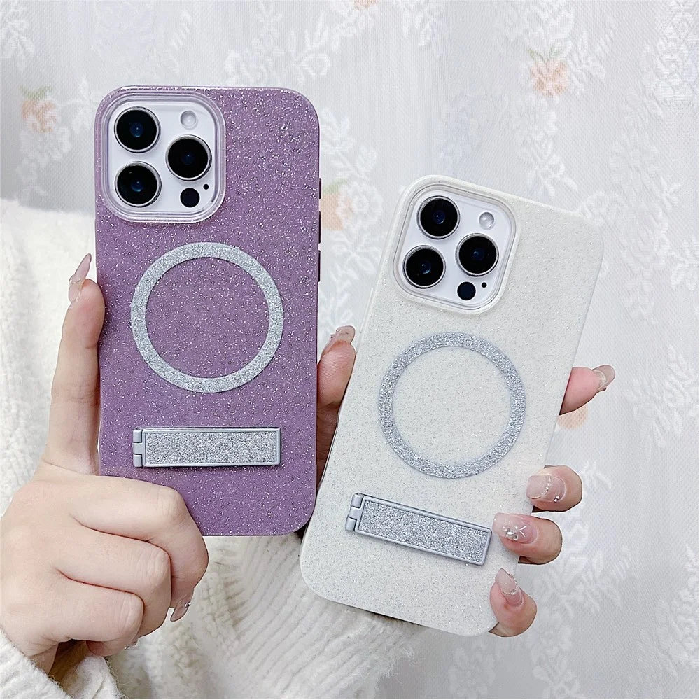 For iPhone 16 Pro Max Magnetic Case with Kickstand Glitter TPU + Acrylic Phone Back Cover - Purple - 3