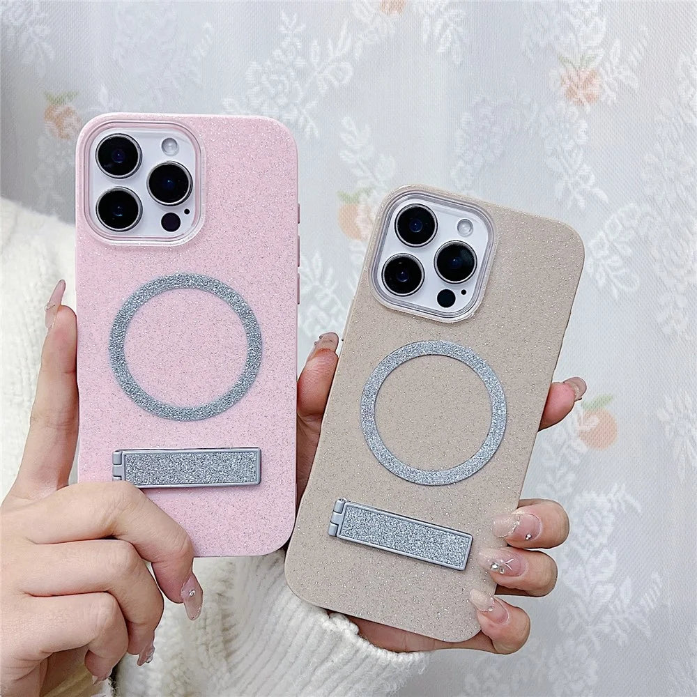 For iPhone 16 Pro Max Magnetic Case with Kickstand Glitter TPU + Acrylic Phone Back Cover - Purple - 4