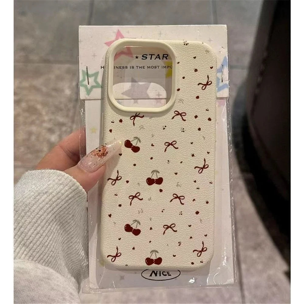 For iPhone 15 Pro Case Heart Cherry Pattern Litchi Texture TPU Phone Cover - 2