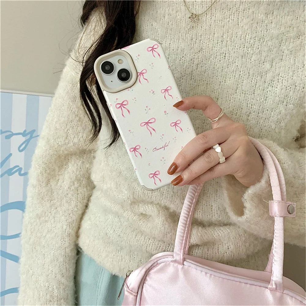 For iPhone 14 Case Pink Floral Bow Aesthetic TPU Phone Cover - 2