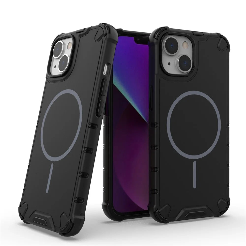 For iPhone 13 Magnetic Case Corrugated Texture Heat Dissipation Shockproof TPU + PC Phone Back Cover - Black - 2