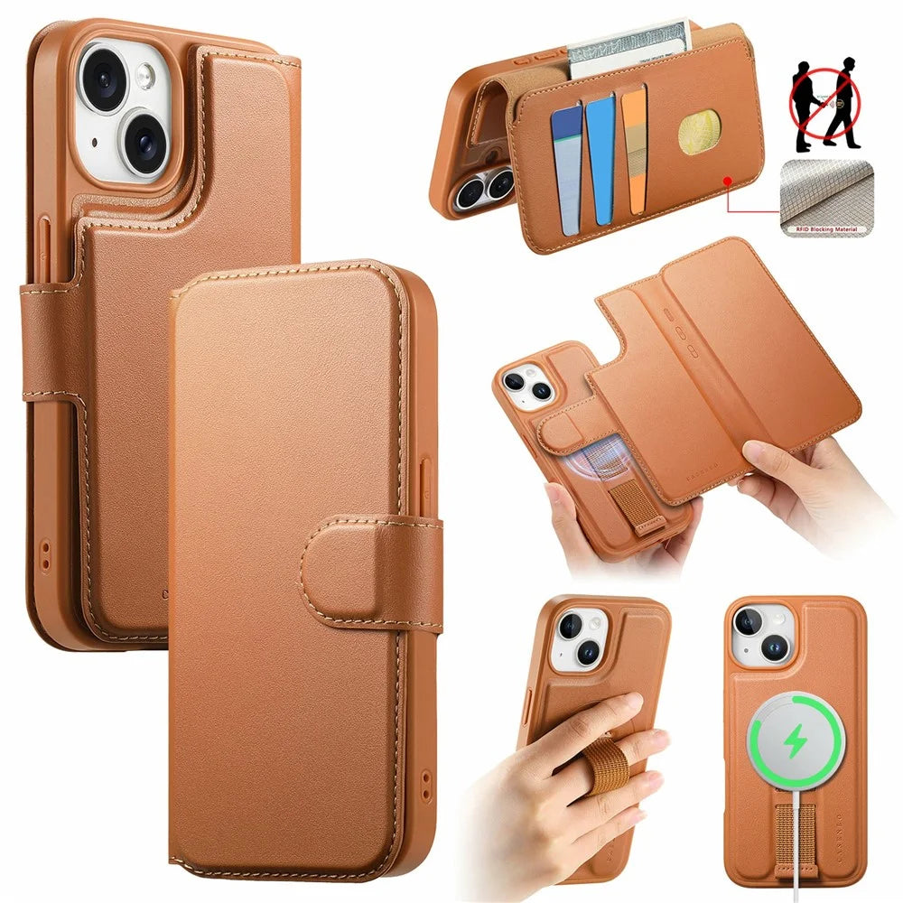 CASENEO For iPhone 15 Magnetic Case RFID Blocking Wallet Detachable Leather Phone Cover with Wristband - Brown - 1