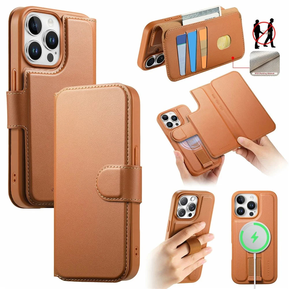 CASENEO For iPhone 14 Pro Max Magnetic Case RFID Blocking Wallet Detachable Leather Phone Cover with Wristband - Brown - 1