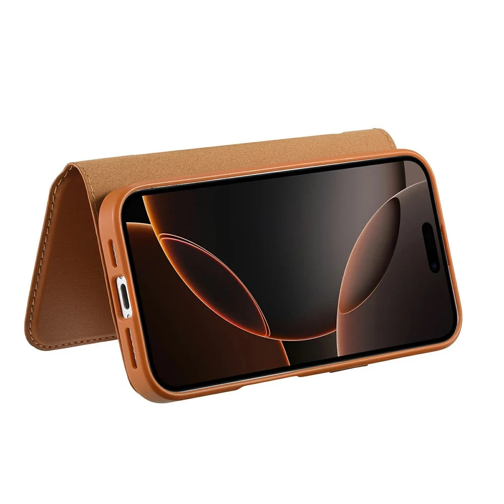 CASENEO For iPhone 14 Pro Magnetic Case RFID Blocking Wallet Detachable Leather Phone Cover with Wristband - Brown - 5
