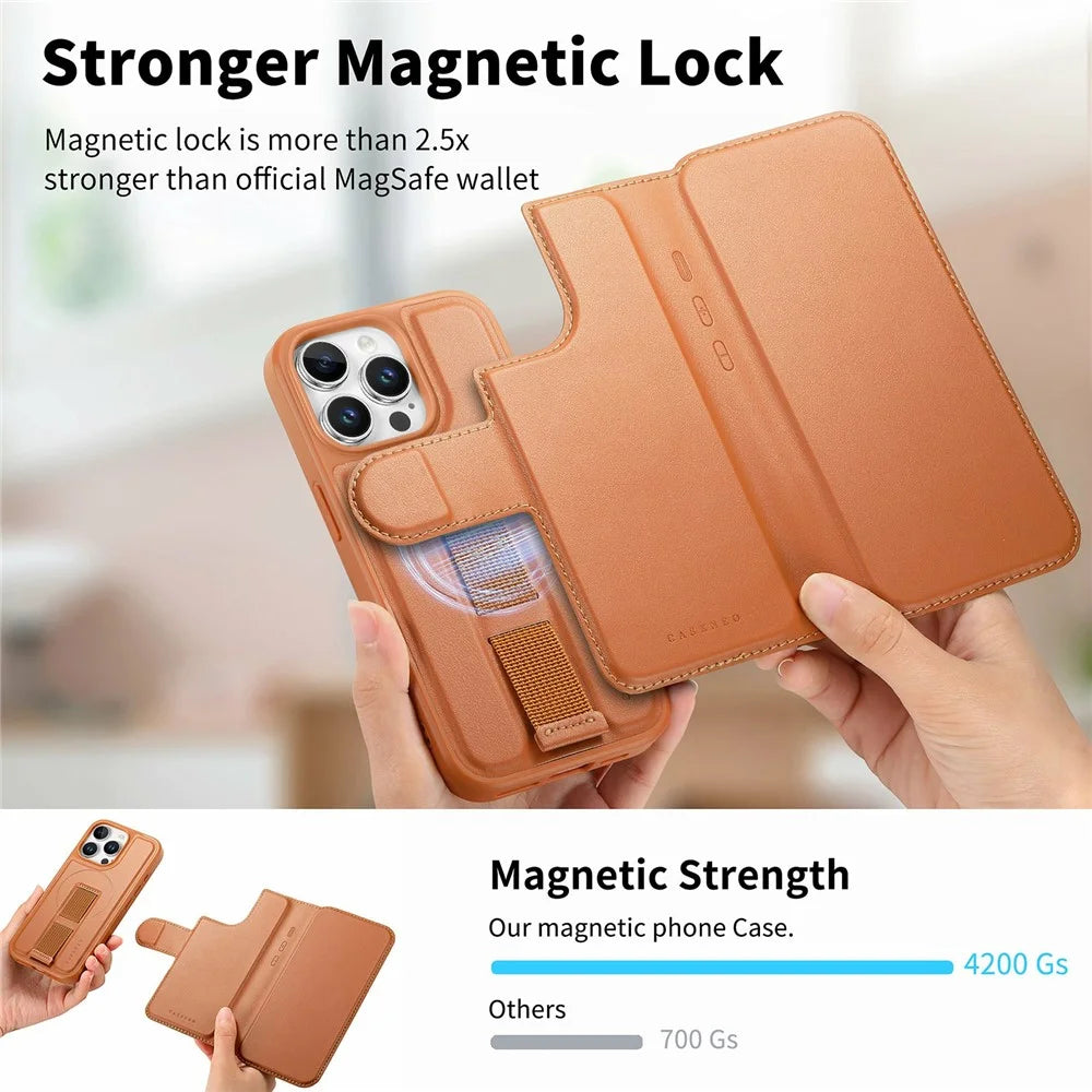 CASENEO For iPhone 14 Pro Magnetic Case RFID Blocking Wallet Detachable Leather Phone Cover with Wristband - Brown - 6