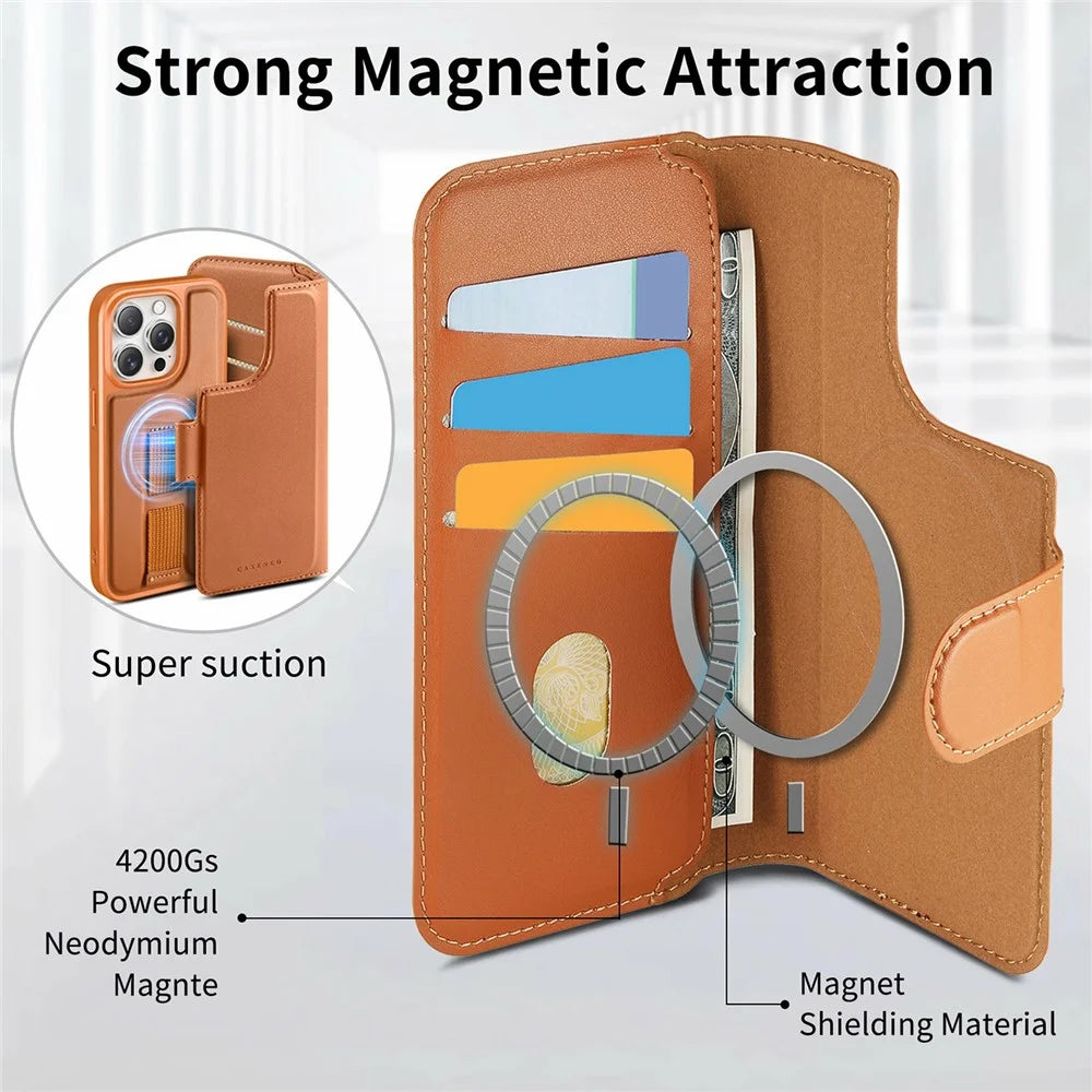 CASENEO For iPhone 14 Pro Magnetic Case RFID Blocking Wallet Detachable Leather Phone Cover with Wristband - Brown - 7