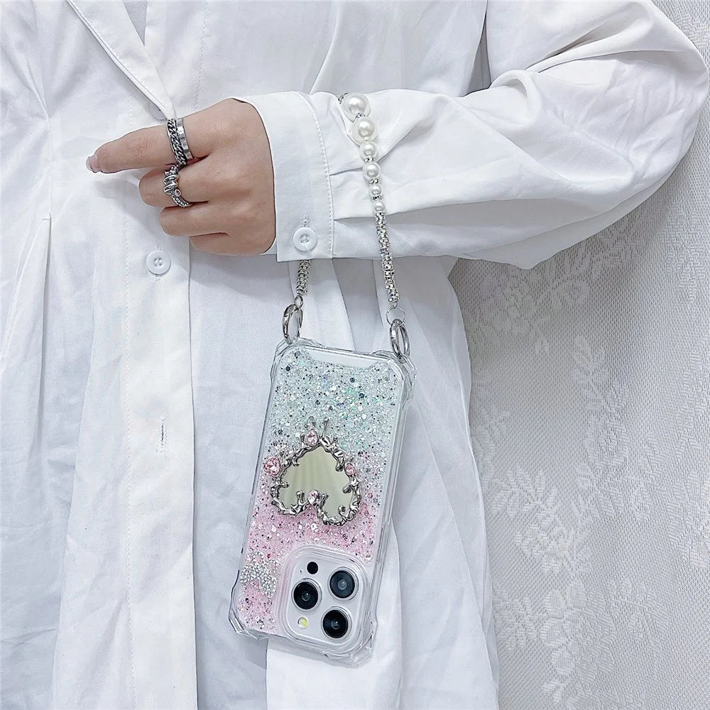 For iPhone 16 Pro Case with Strap, Mirror Epoxy Glitter TPU + Acrylic Phone Back Cover - Pink / Green - 2