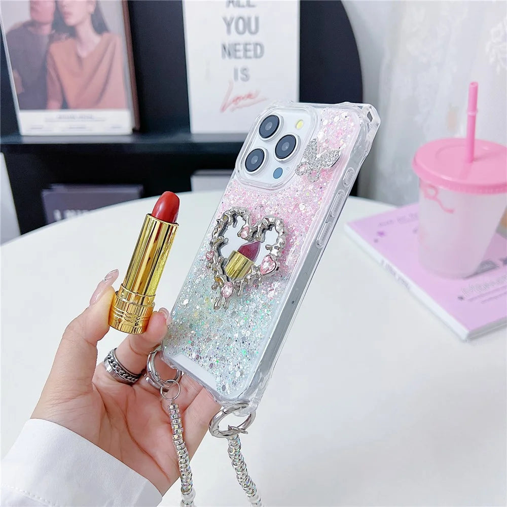 For iPhone 16 Pro Case with Strap, Mirror Epoxy Glitter TPU + Acrylic Phone Back Cover - Pink / Green - 3