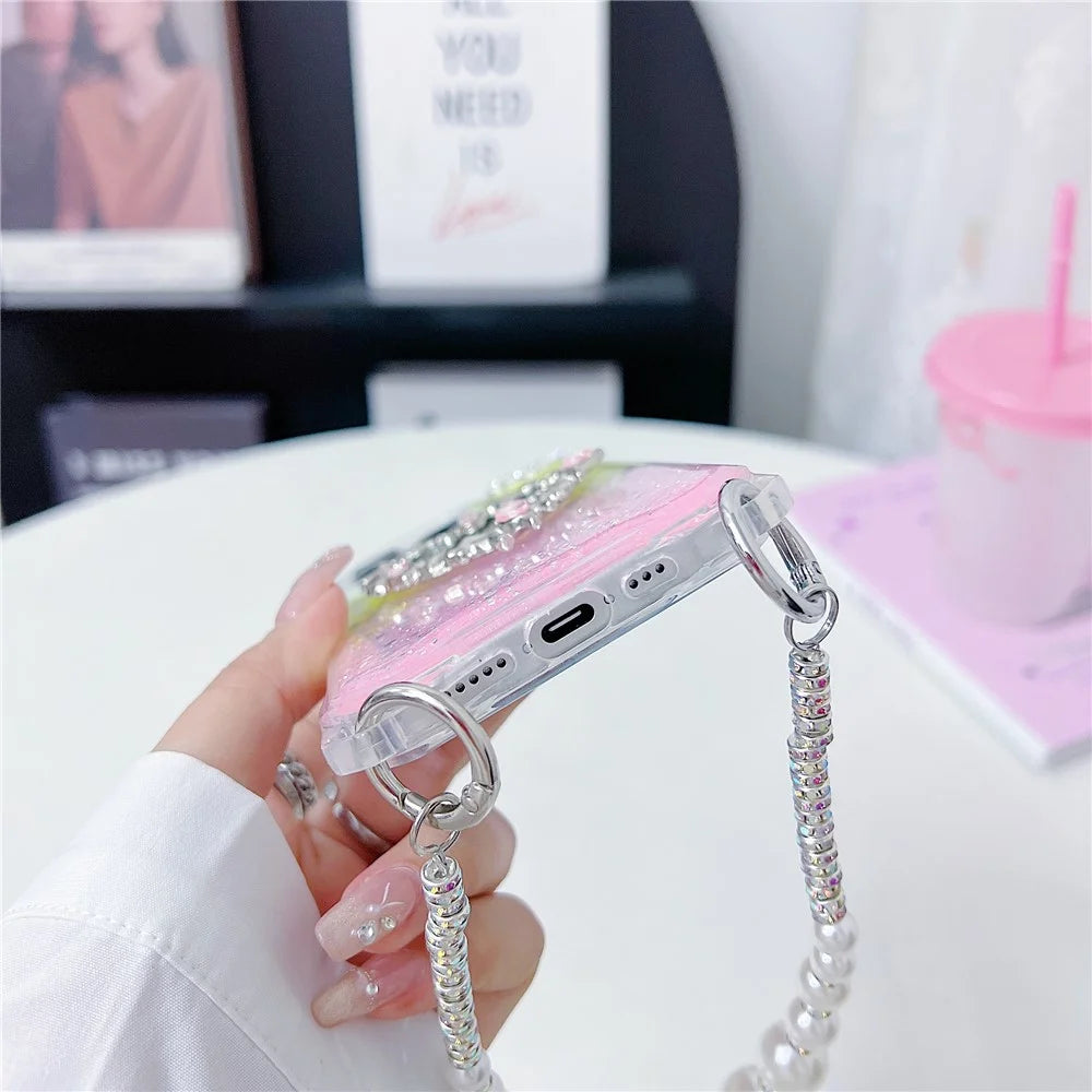 For iPhone 16 Pro Case with Strap, Mirror Epoxy Glitter TPU + Acrylic Phone Back Cover - Pink / Green - 4