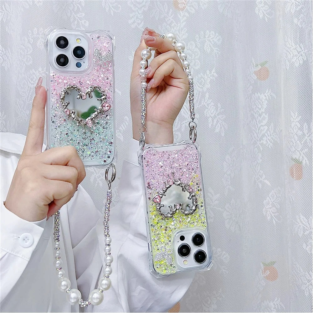 For iPhone 16 Pro Case with Strap, Mirror Epoxy Glitter TPU + Acrylic Phone Back Cover - Pink / Green - 5