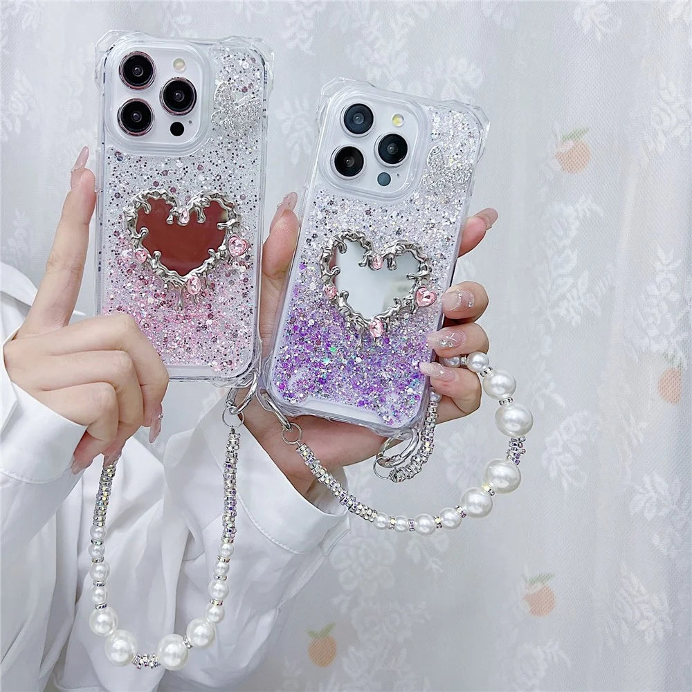 For iPhone 16 Pro Case with Strap, Mirror Epoxy Glitter TPU + Acrylic Phone Back Cover - Pink / Green - 6