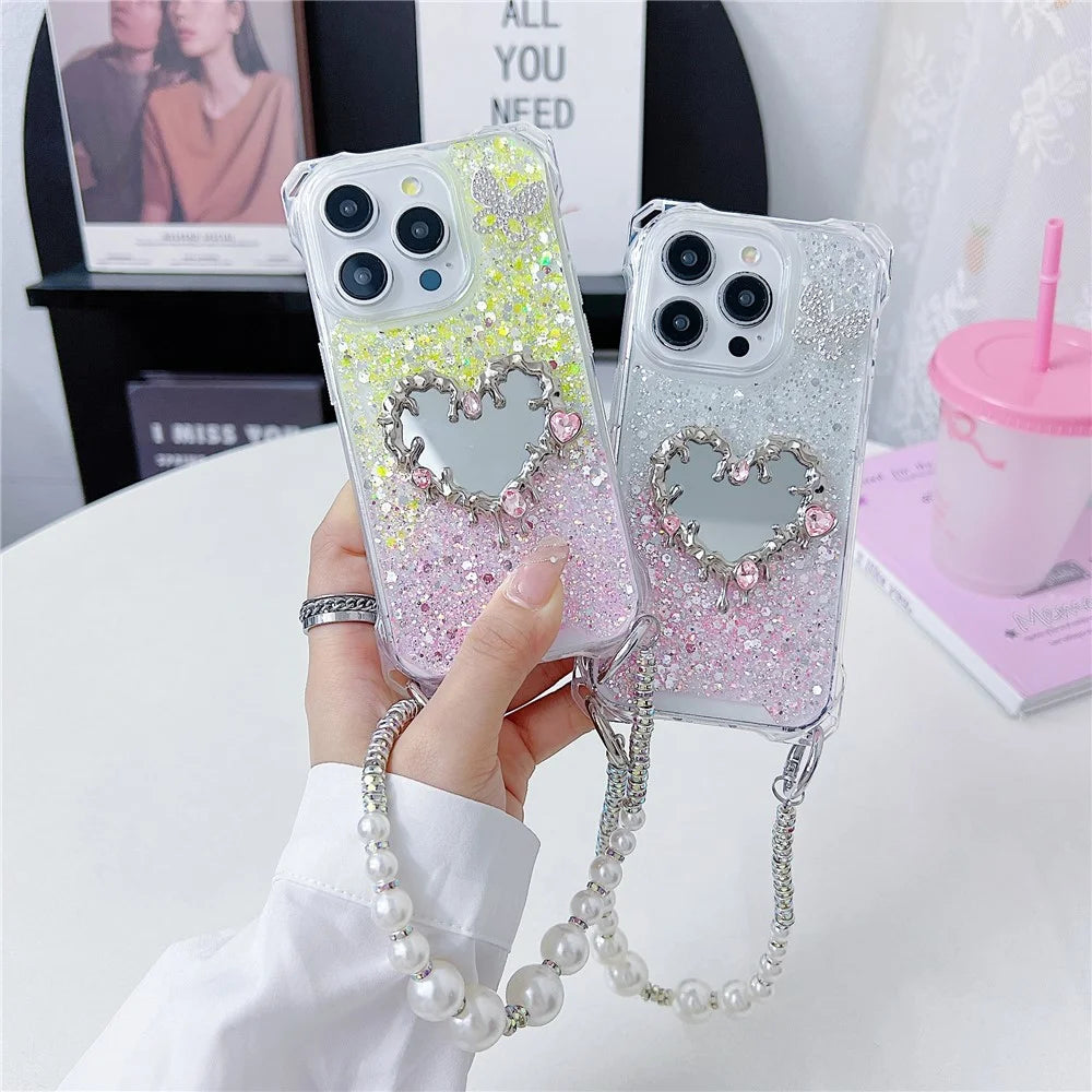 For iPhone 16 Pro Case with Strap, Mirror Epoxy Glitter TPU + Acrylic Phone Back Cover - Pink / Green - 7
