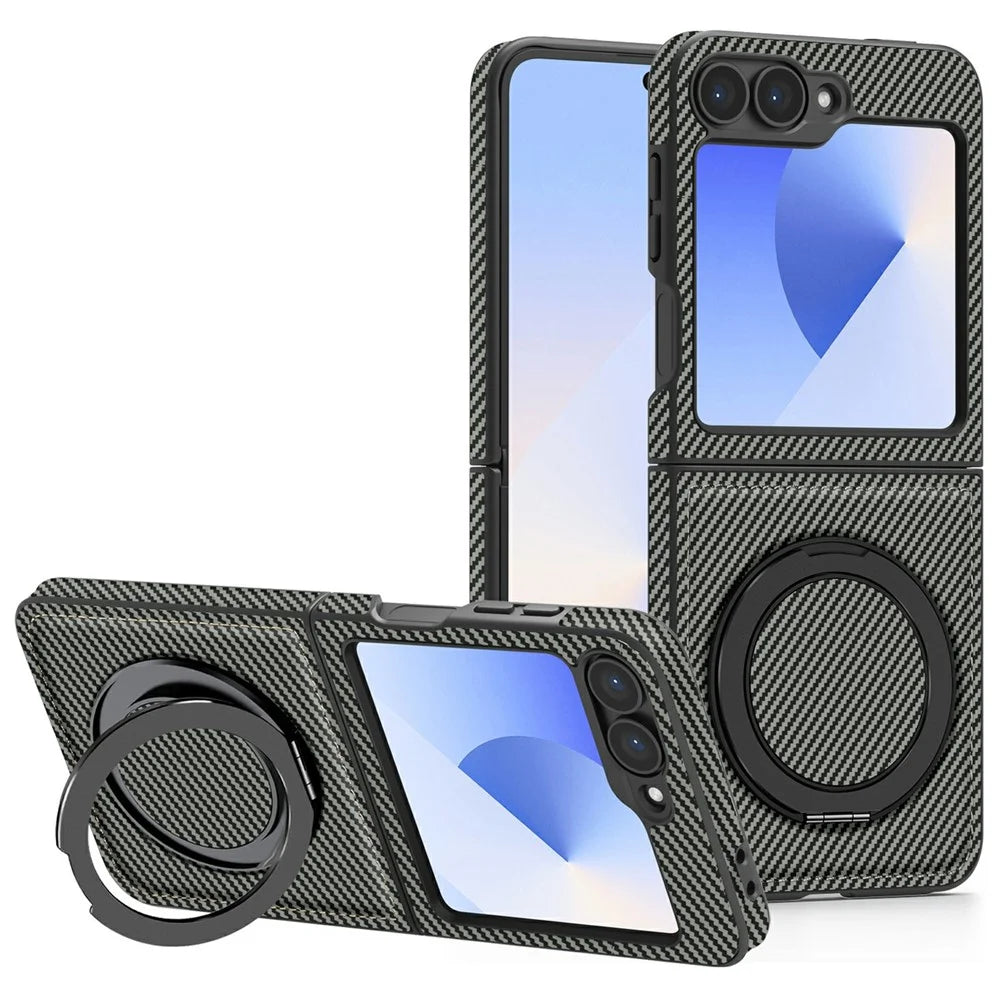 For Samsung Galaxy Z Flip7 FE 5G / Z Flip6 5G Magnetic Case Carbon Fiber Texture PU+TPU Kickstand Phone Cover - Titanium Grey - 2