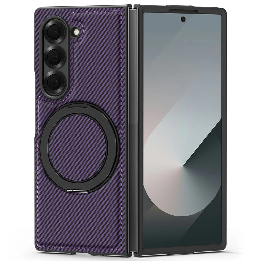 For Samsung Galaxy Z Fold6 5G Magnetic Case Carbon Fiber Texture PU+TPU Kickstand Phone Cover - Dark Purple - 1