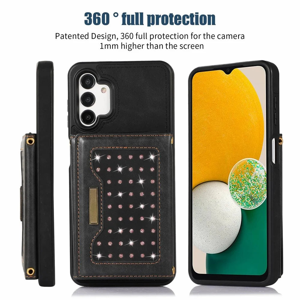 For Samsung Galaxy A13 4G / 5G Rhinestone Decor Tri-fold Wallet Phone Case RFID Blocking Kickstand PU Leather Coated TPU Cover with Shoulder Strap - Black - 2