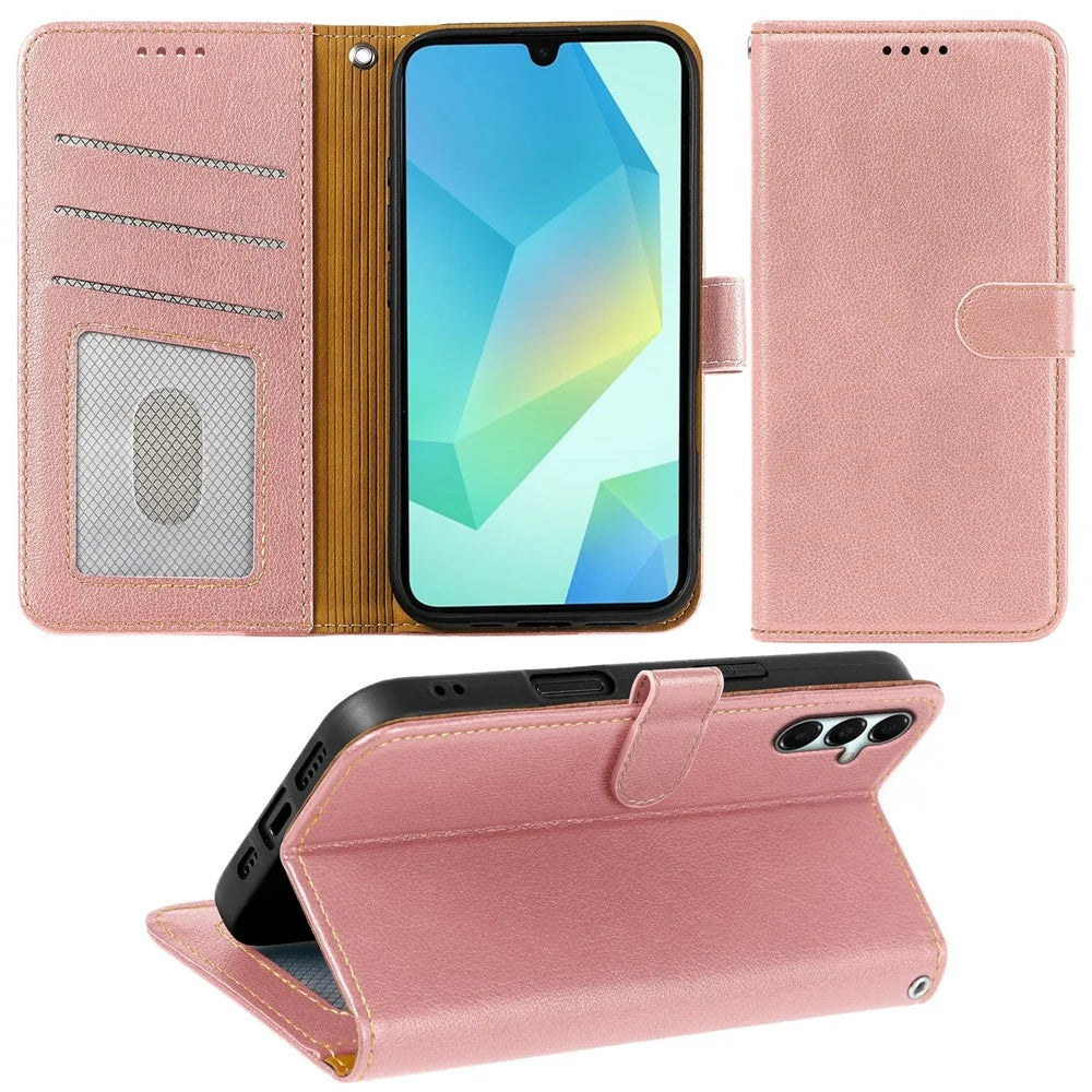 For Samsung Galaxy S25+  /  S24+ Case RFID Blocking Wallet Litchi Texture Leather Phone Cover Magnetic Clasp - Rose Gold - 3