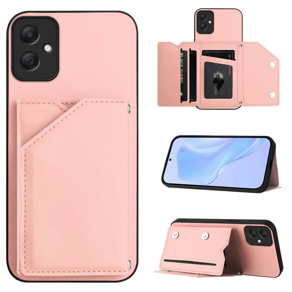 For Samsung Galaxy A05 4G Case Card Holder Kickstand Skin-Touch Phone Cover with Wrist Strap - Pink - 4