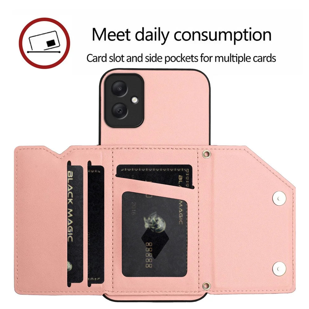 For Samsung Galaxy A05 4G Case Card Holder Kickstand Skin-Touch Phone Cover with Wrist Strap - Pink - 7