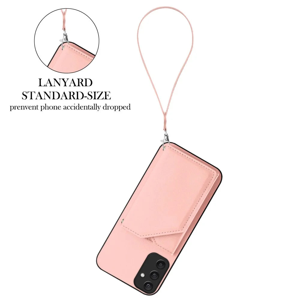For Samsung Galaxy A25 5G (Global) (161.0 x 76.5 x 8.3mm) Case Card Holder Kickstand Skin-Touch Phone Cover with Wrist Strap - Pink - 3