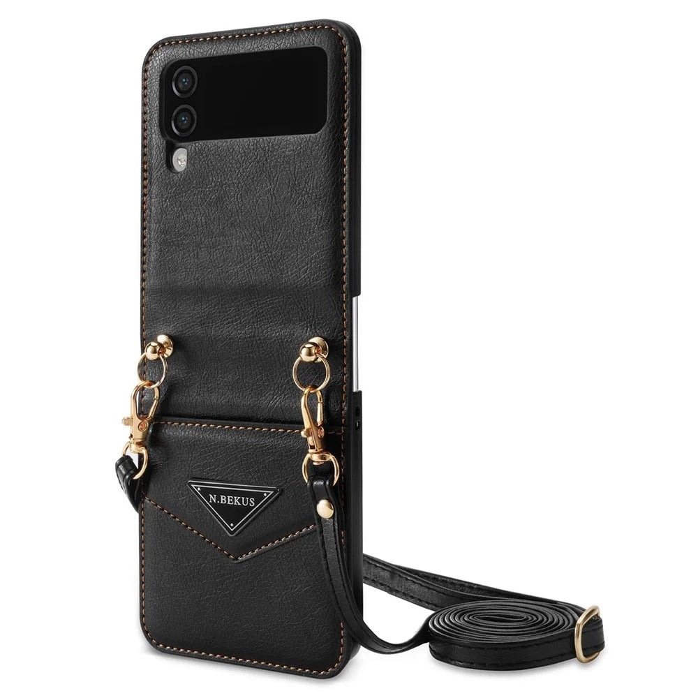 N.BEKUS Phone Case for Samsung Galaxy Z Flip4 5G Anti-Drop Protective Case PU Leather Hard PC Phone Shell with Lanyard - Black - 1