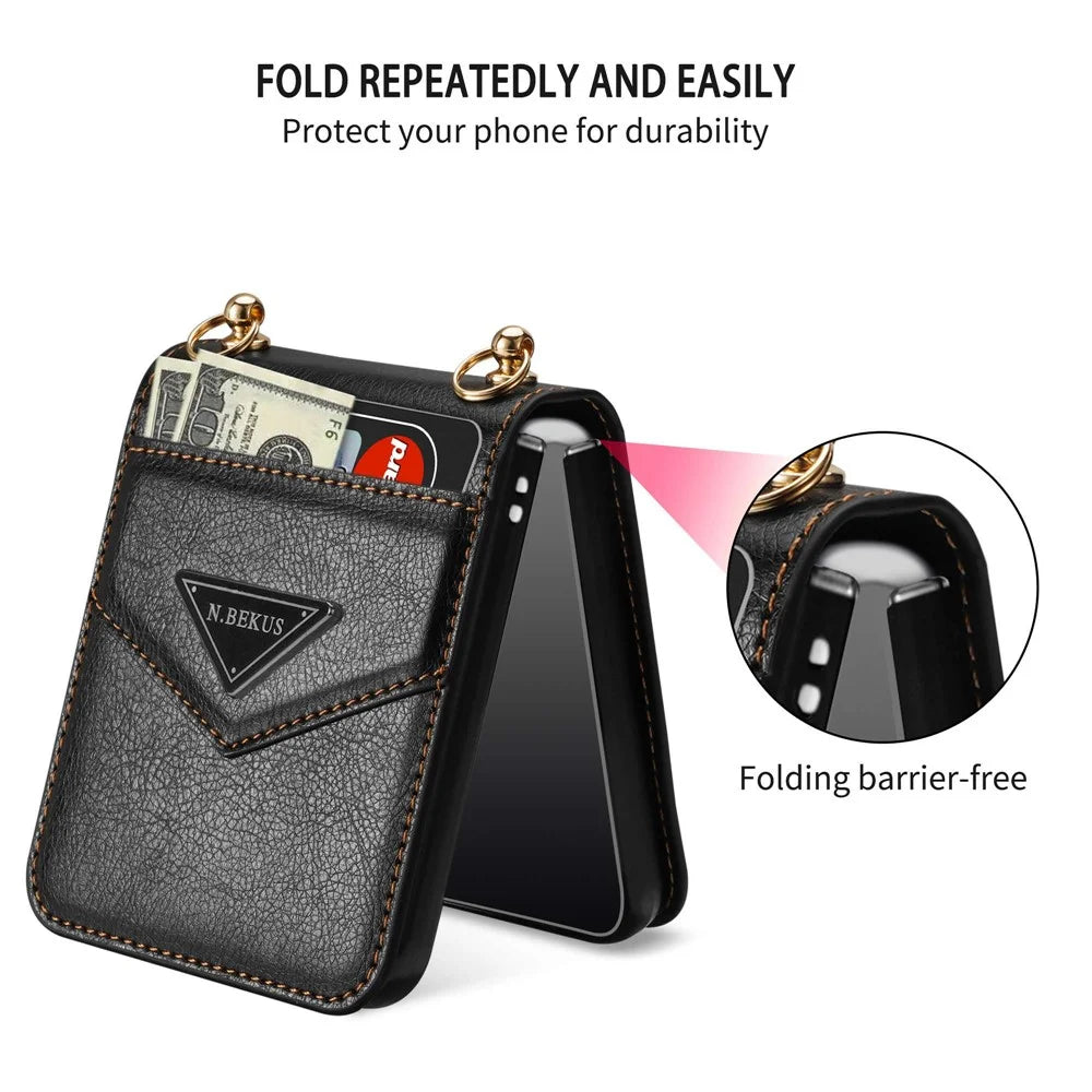 N.BEKUS Phone Case for Samsung Galaxy Z Flip4 5G Anti-Drop Protective Case PU Leather Hard PC Phone Shell with Lanyard - Black - 2