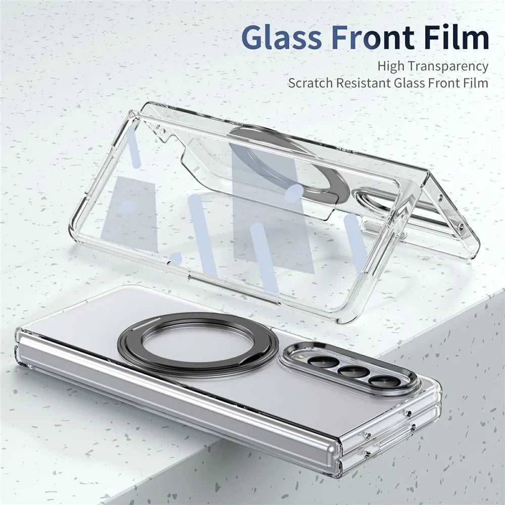 For Samsung Galaxy Z Fold3 5G Case Magnetic Kickstand Clear PC Phone Cover with HD Screen Film - Black - 7
