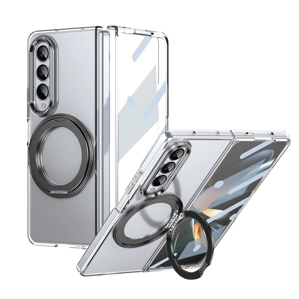 For Samsung Galaxy Z Fold4 5G Case Magnetic Kickstand Clear PC Phone Cover with HD Screen Film - Black - 1