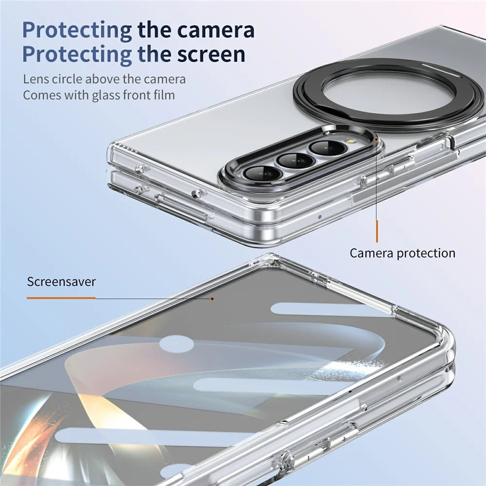 For Samsung Galaxy Z Fold4 5G Case Magnetic Kickstand Clear PC Phone Cover with HD Screen Film - Black - 4
