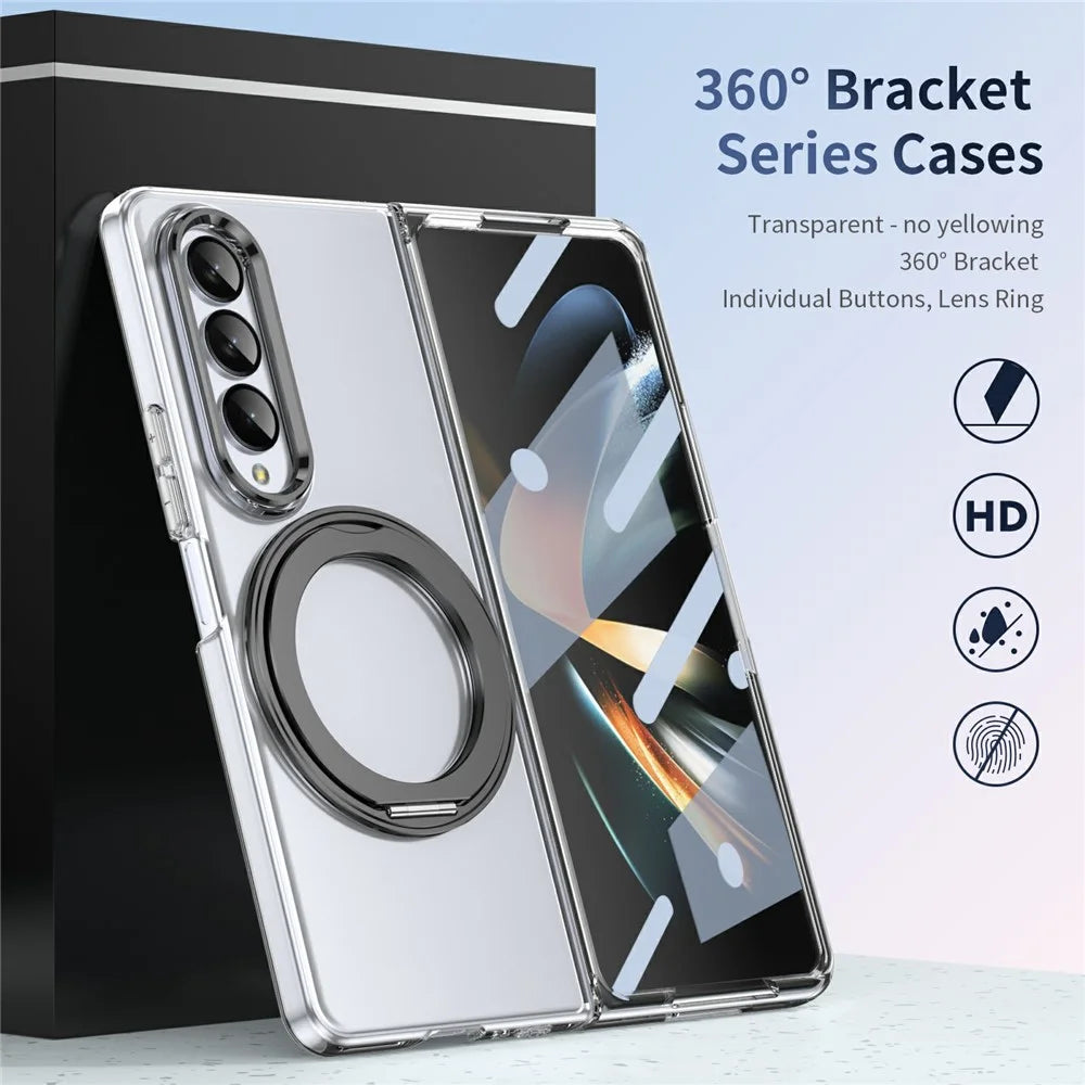 For Samsung Galaxy Z Fold4 5G Case Magnetic Kickstand Clear PC Phone Cover with HD Screen Film - Black - 5
