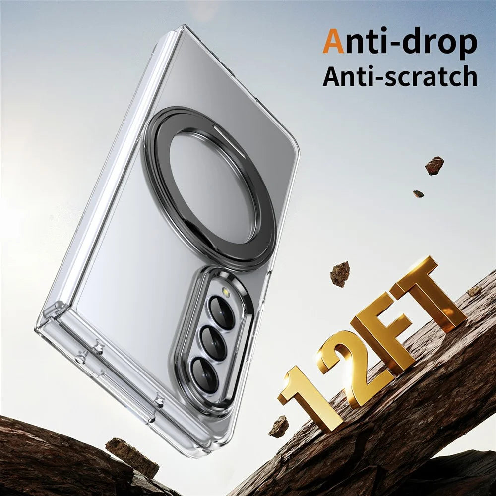 For Samsung Galaxy Z Fold4 5G Case Magnetic Kickstand Clear PC Phone Cover with HD Screen Film - Black - 6