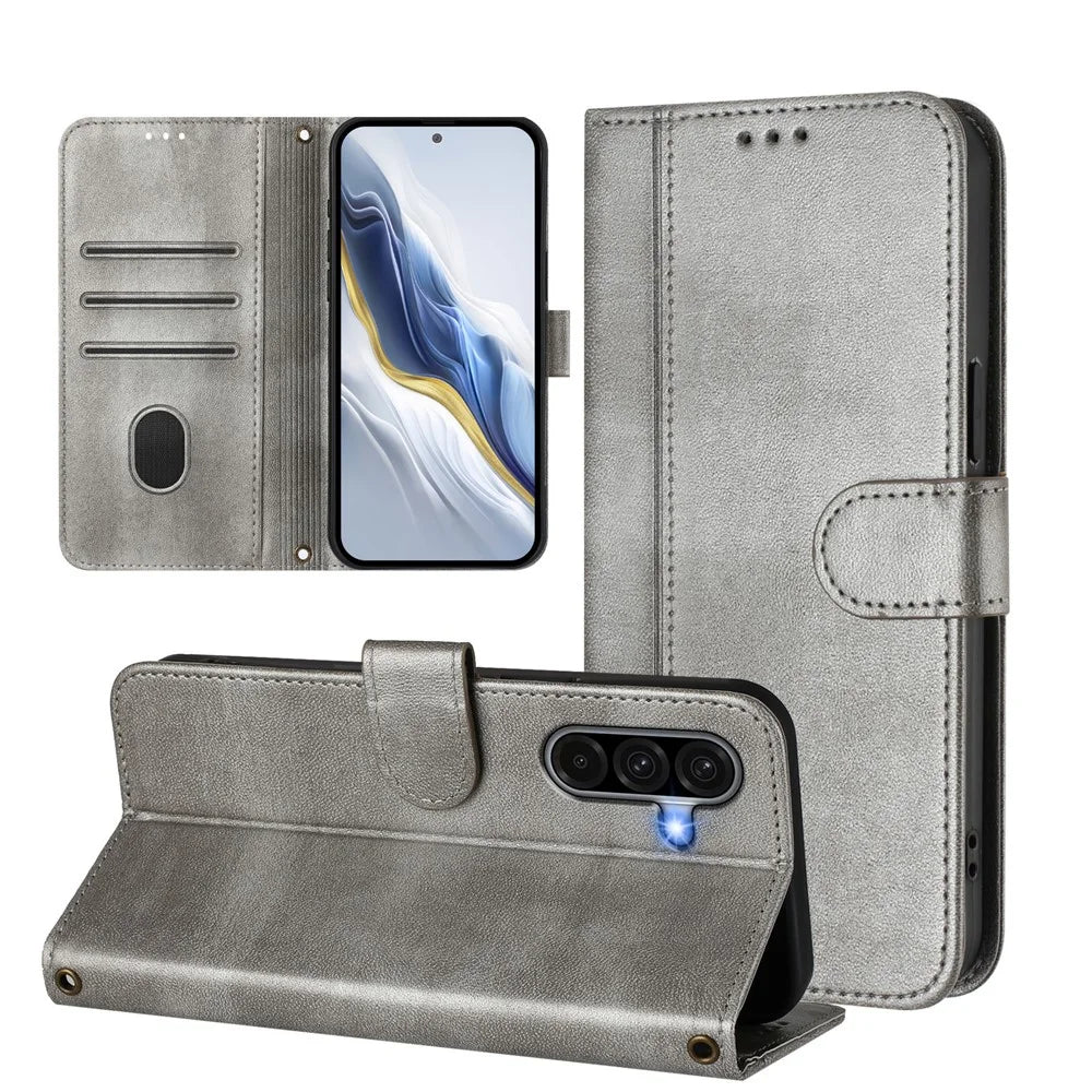 For Samsung Galaxy A37 5G / A56 5G / A36 5G Cases Wallet Stand Retro Texture Leather Phone Cover with Lanyard - Grey - 3