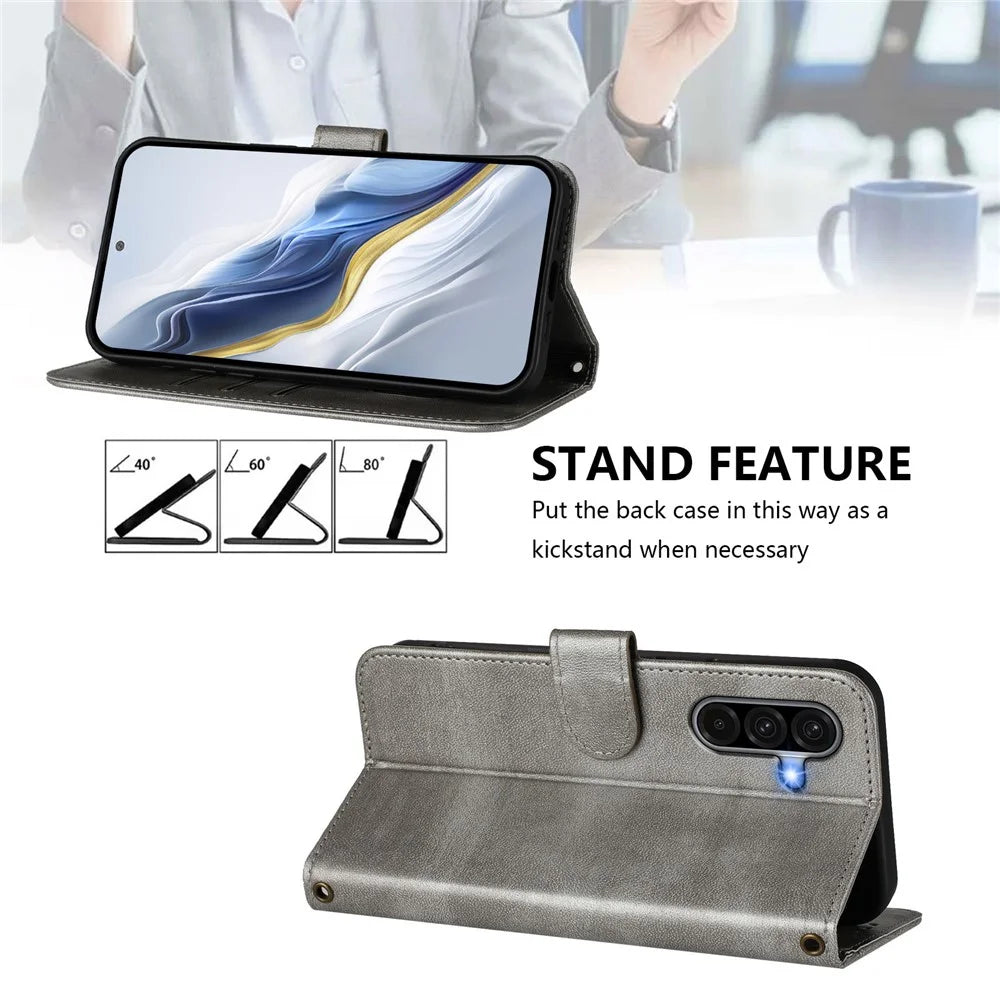 For Samsung Galaxy A37 5G / A56 5G / A36 5G Cases Wallet Stand Retro Texture Leather Phone Cover with Lanyard - Grey - 4