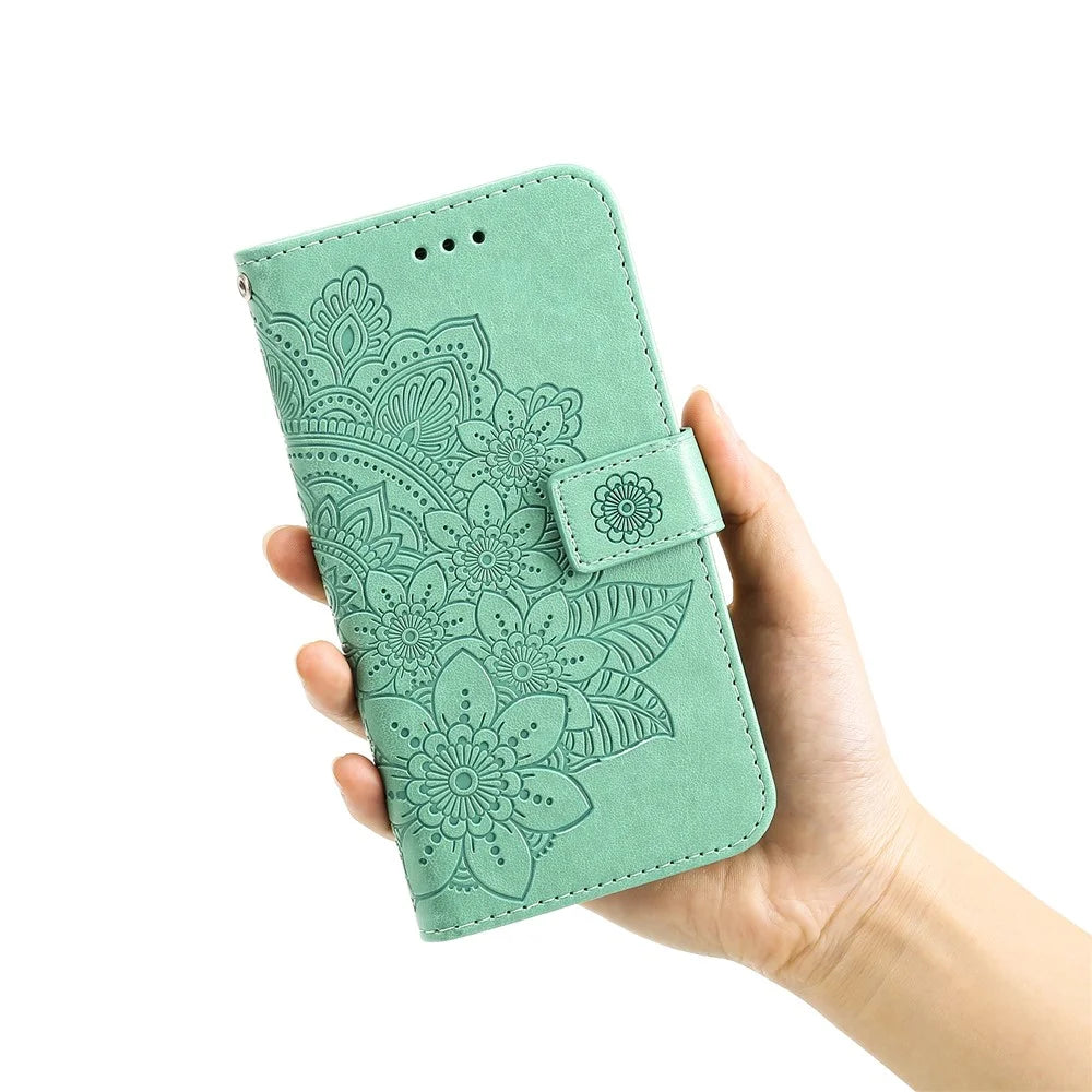 For Samsung Galaxy F16 5G / Galaxy M16 5G Case Floral Pattern PU Leather Wallet Stand Phone Cover - Green - 7