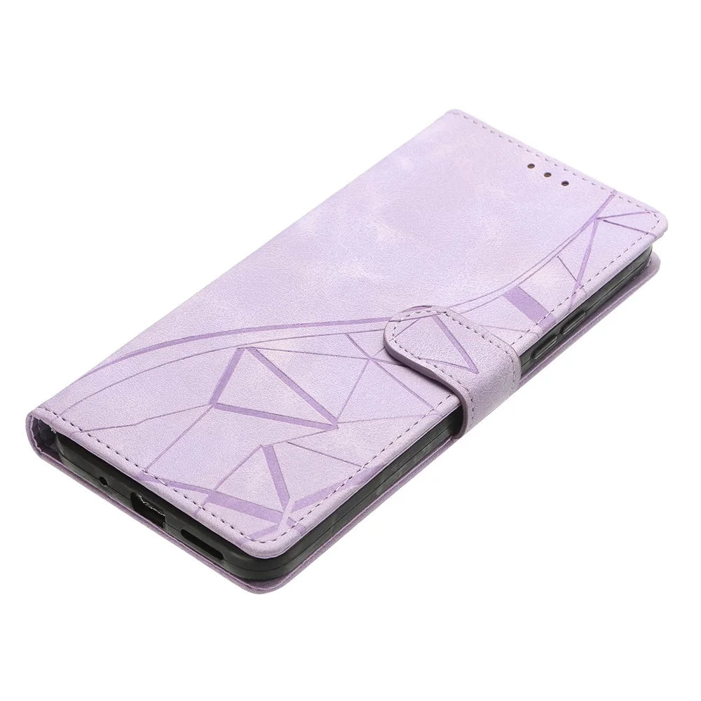 For Samsung Galaxy A15 5G  /  4G Case Wallet Stand Imprinted Triangle Pattern Leather Phone Flip Cover - Purple - 4