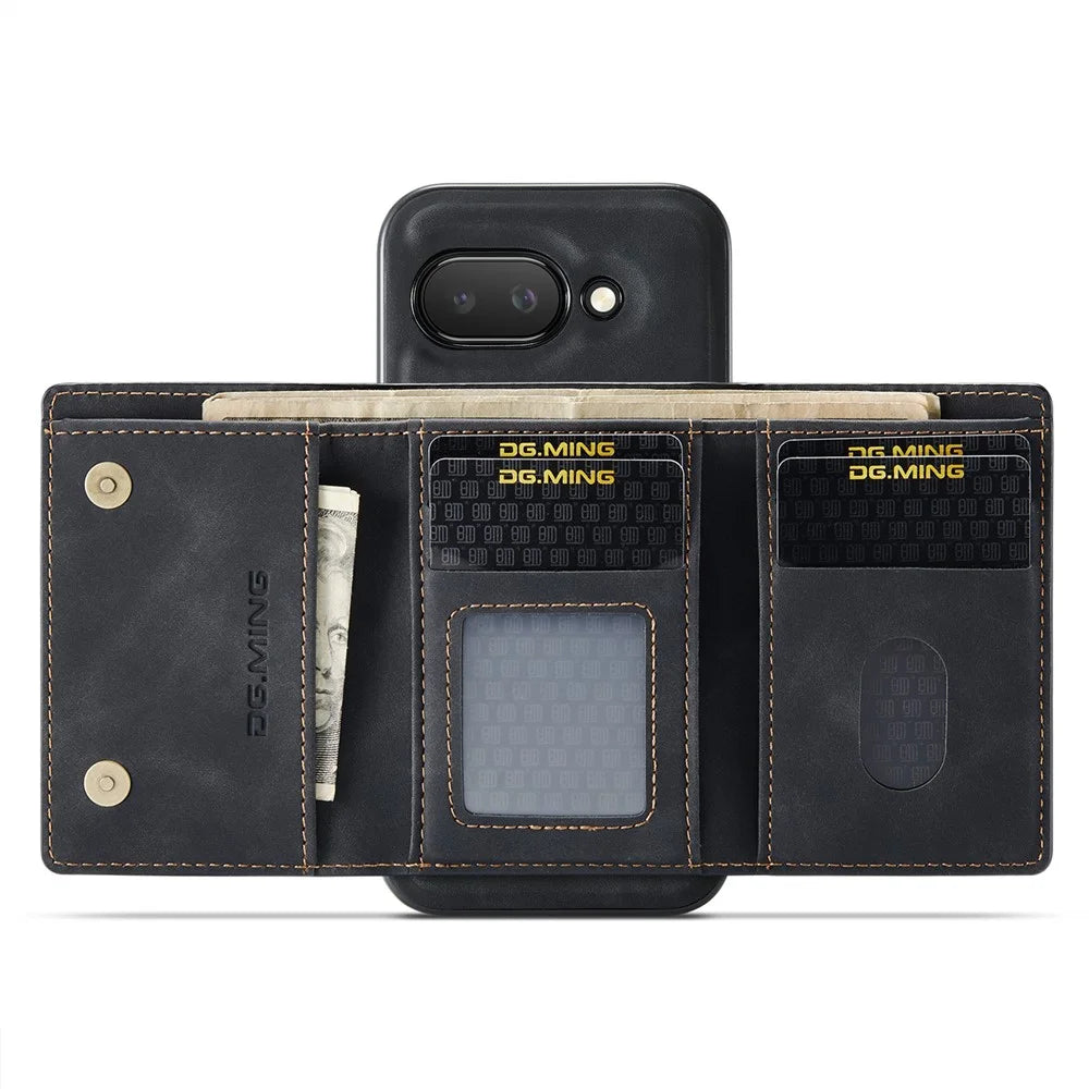 DG.MING M1 Series for Google Pixel 9a Case Kickstand PU Phone Cover with Detachable Wallet - Black - 2
