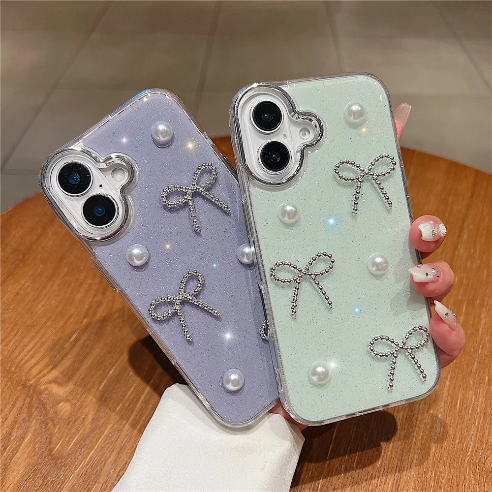 For iPhone 16 Case Pearl Bow Epoxy Design TPU + PC Phone Back Cover - Pink - 4