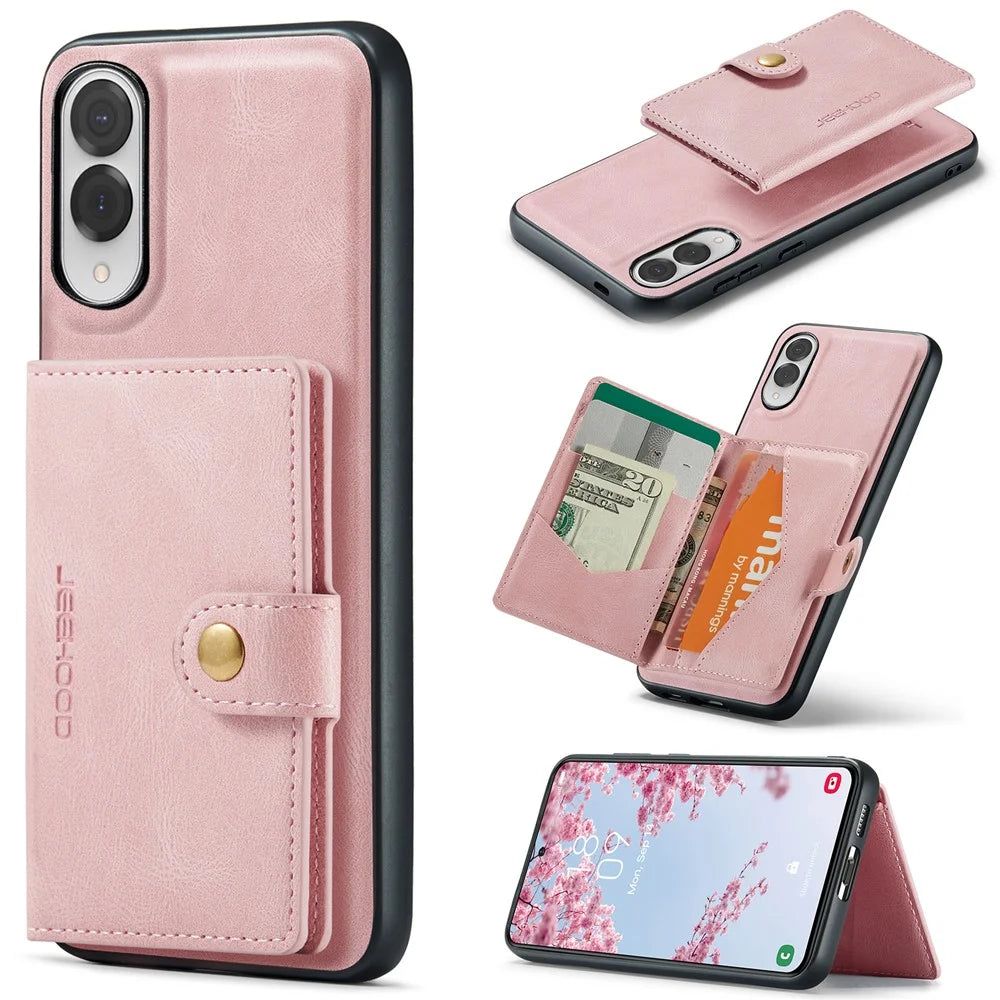 JEEHOOD For Samsung Galaxy S25 Edge Case  J01 Retro Leather Phone Back Cover with Detachable Magnetic Card Holder - Pink - 1