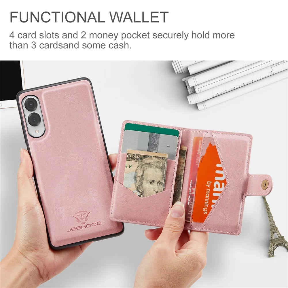 JEEHOOD For Samsung Galaxy S25 Edge Case  J01 Retro Leather Phone Back Cover with Detachable Magnetic Card Holder - Pink - 3