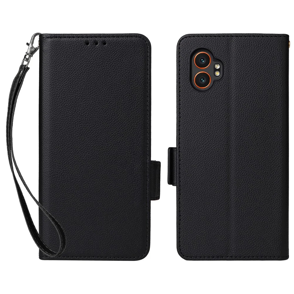 For Samsung Galaxy XCover7 Pro Case with Wrist Strap Litchi Texture PU Leather Wallet Phone Cover - Black - 1