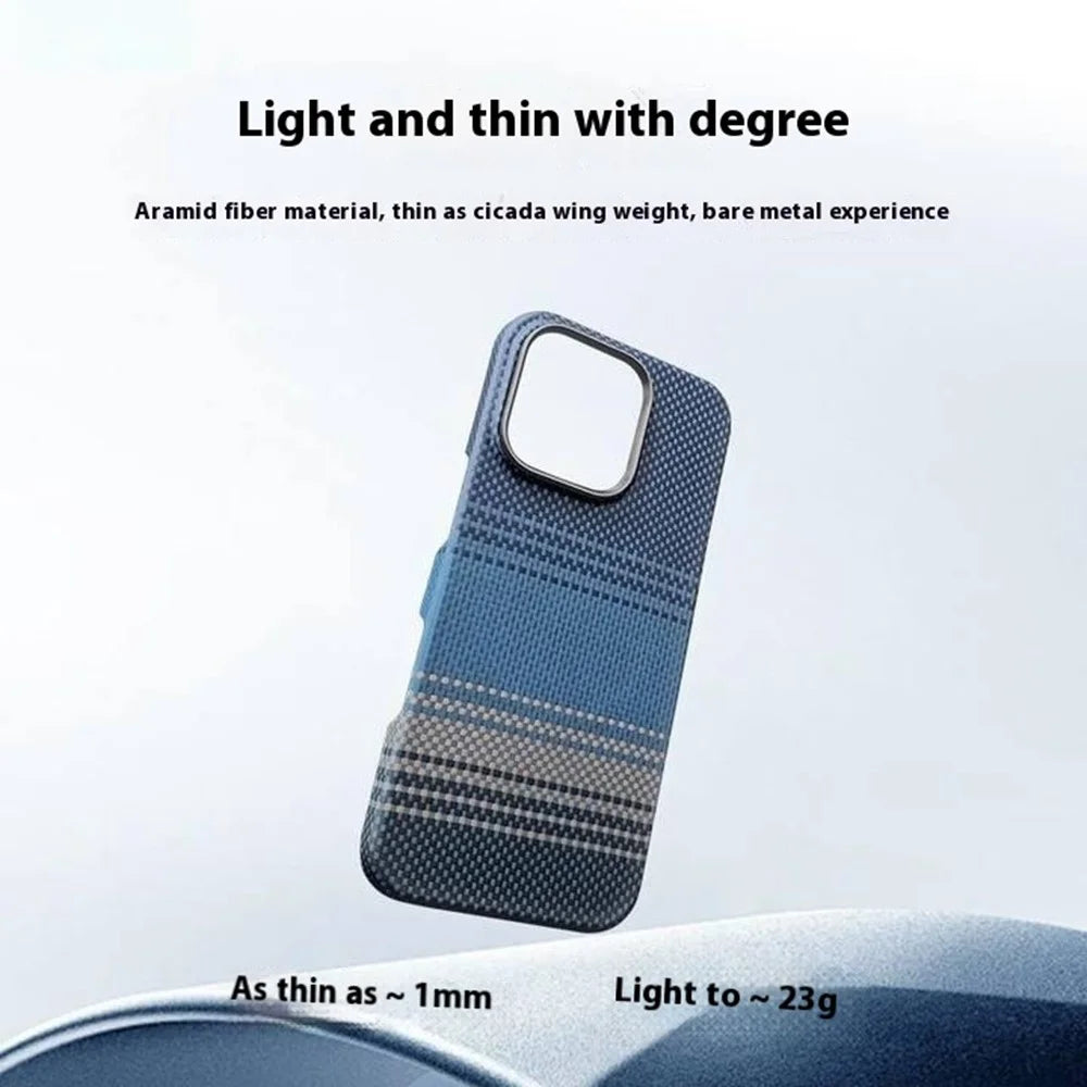 For iPhone 16 Pro Case Gradient Aramid Fiber Magnetic Phone Cover with Metal Lens Frame - Blue Floating Weave - 3