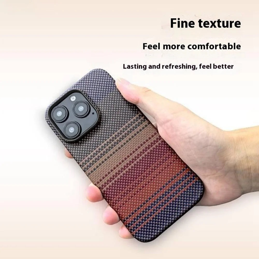 For iPhone 16 Pro Case Gradient Aramid Fiber Magnetic Phone Cover with Metal Lens Frame - Blue Floating Weave - 5