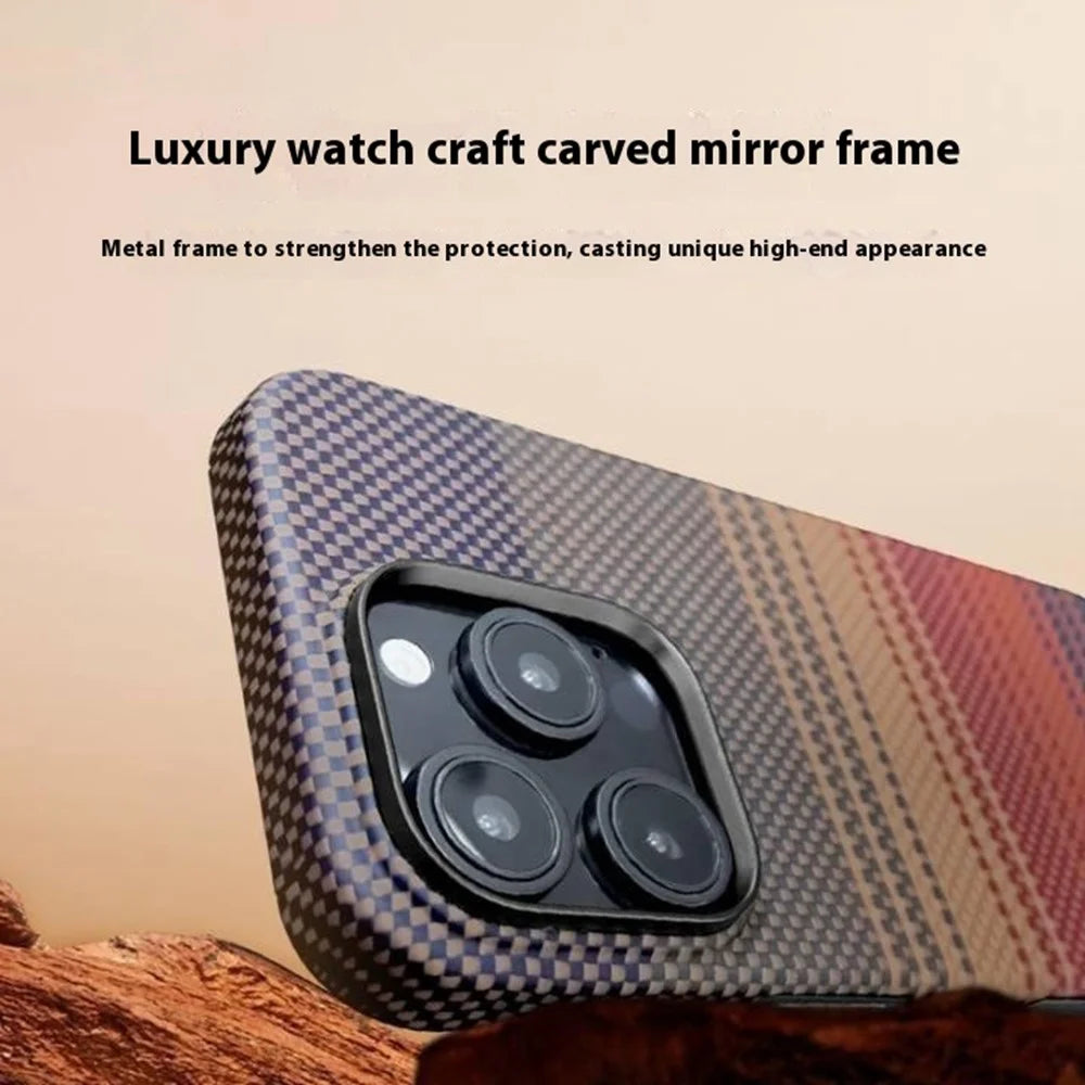 For iPhone 16 Pro Case Gradient Aramid Fiber Magnetic Phone Cover with Metal Lens Frame - Blue Floating Weave - 7
